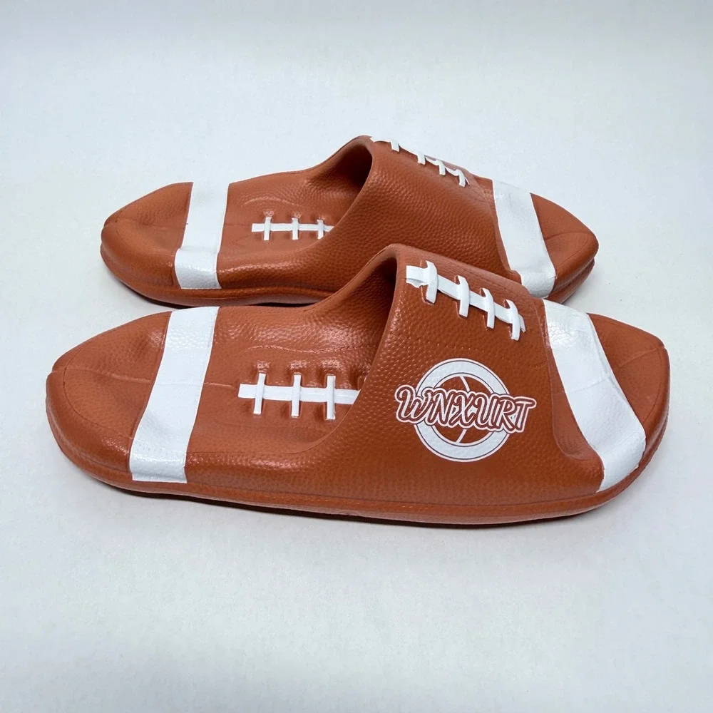 WNXURT Football Novelty Slide Sandals Brown White Sports Theme Unisex Size 7/7.5